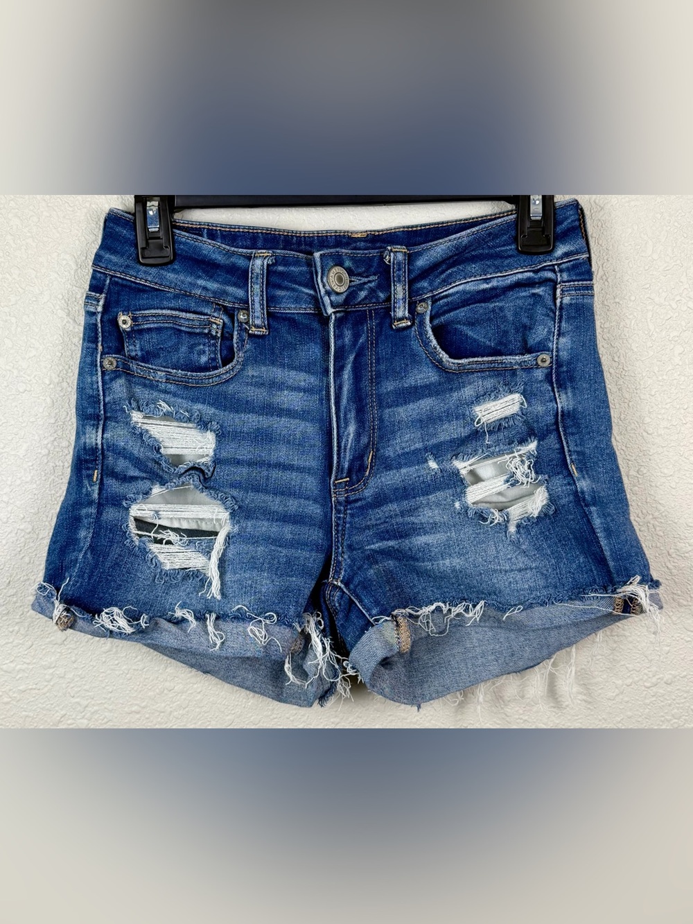 American Eagle Hi Rise Shortie Shorts 6 Distressed Ripped Denim Raw Hem Stretch